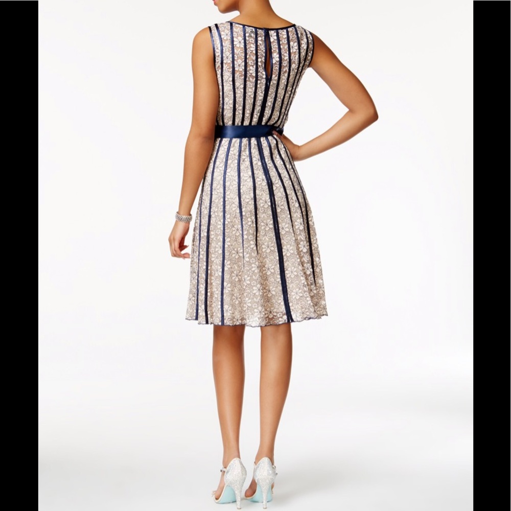 SL Fashions Belted A-Line Dress Champagne/Navy NWT - Picture 2 of 4